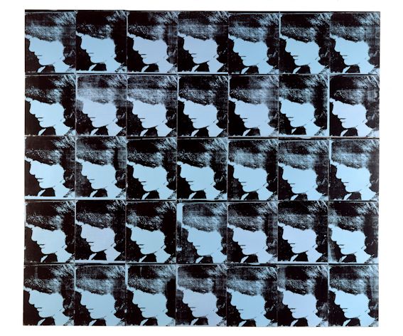 Andy Warhol, Thirty-Five Jackies (Multiplied Jackies), 1964.  Silkscreen ink and acrylic on canvas, 100 2/3 x 113 in. (255.7 x 286.8 cm). MMK Museum für Moderne Kunst Frankfurt am Main, former collection of Karl Ströher, Darmstadt. © 2012 The Andy Warhol Foundation for the Visual Arts, Inc. / Artists Rights Society (ARS), New York.