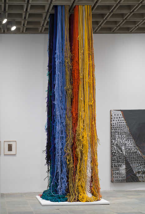 Installation view of Pillar of Inquiry/Supple Column, 2013-14 by Sheila Hicks and Notley, 2013 by Molly Zuckerman-Hartung. Whitney Biennial 2014, Whitney Museum of American Art, New York, March 7- May 25 2014. Collection of the Artist; courtesy of Sikkema Jenkins & Co., N.Y.; Collection of the artist; courtesy of Corbett vs Dempsey, Chicago. Photograph by Bill Orcutt