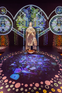 Installation view of ChimaTEK: Virtual Chimeric Space (detail), 2015, at Seattle Art Museum, Saya Woolfalk, United States, b. 1979, installation with five costumes with 3-D masks and video, dimensions variable, Seattle Art Museum, Commission, 2015. © Seattle Art Museum, Photo: Nathaniel Willson.