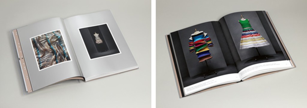 Two of the many types of paper and printing treatments found in the finished publication. It takes both machine precision and human judgment to create this high-quality catalogue. A combination of five types of paper and three printing processes create different effects in the interior pages of Manus × Machina. Photos by Peter Zeray
