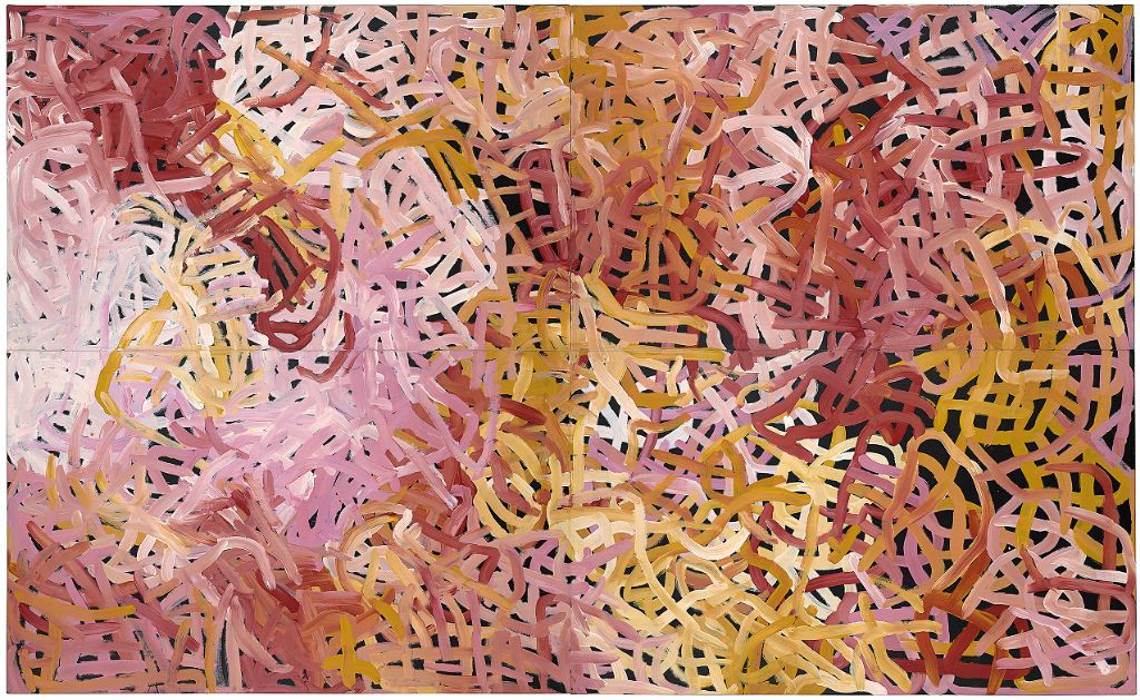 Emily Kam Kngwarray, Anwerlarr angerr (Big yam), 1996, synthetic polymer paint on canvas, National Gallery of Victoria, Melbourne