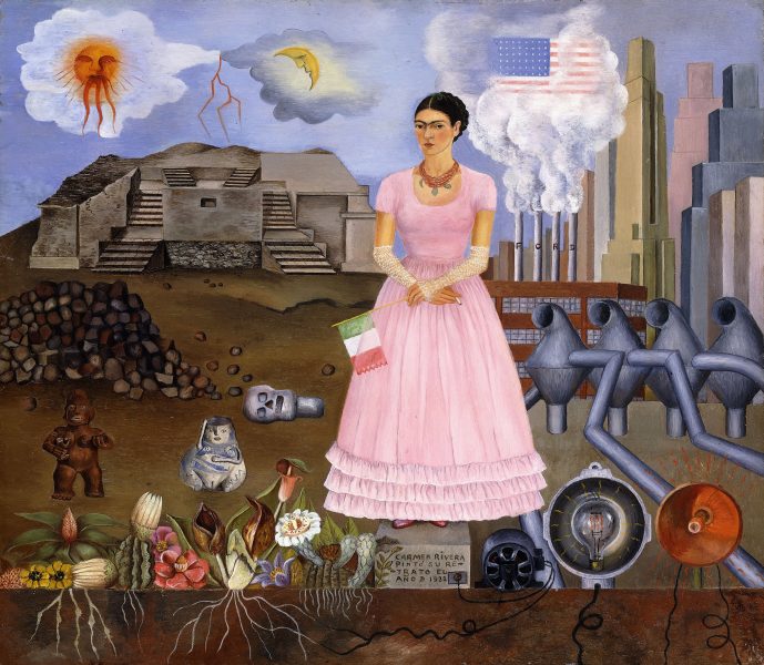 Self-Portrait on the Border Line Between Mexico and the United States, 1932, Frida Kahlo, Oil on metal, 12-1/2 x 13-3/4 inches (31.8 x 34.9 cm), (Colección Maria y Manuel Reyero, New York) © Banco de México Diego Rivera Frida Kahlo Museums Trust, Mexico, D.F./Artists Rights Society (ARS), New York