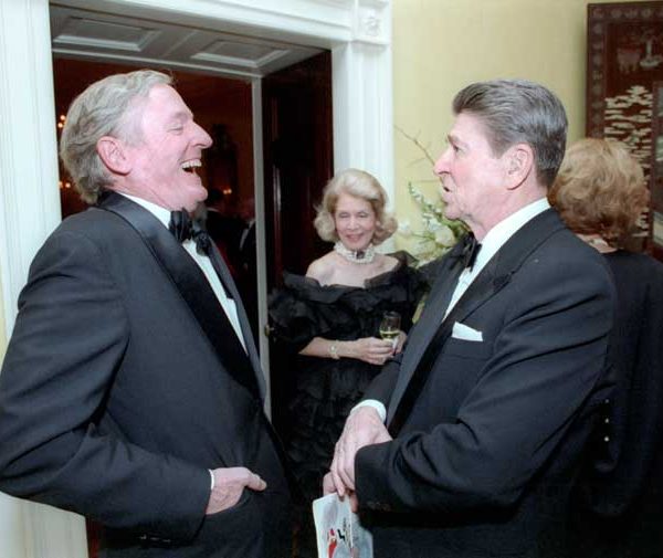President Reagan with William F Buckley in the White House Residence during Private birthday party in honor of President Reagan's 75th Birthday