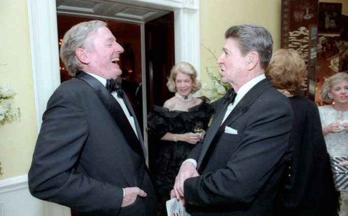 President Reagan with William F Buckley in the White House Residence during Private birthday party in honor of President Reagan's 75th Birthday