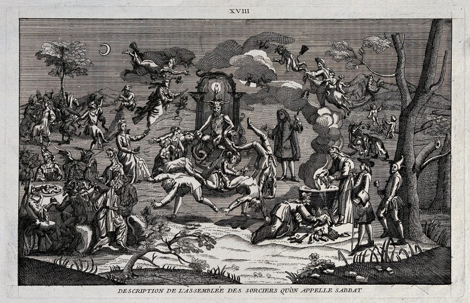Satan sits on his throne at the centre of a witches' sabbath