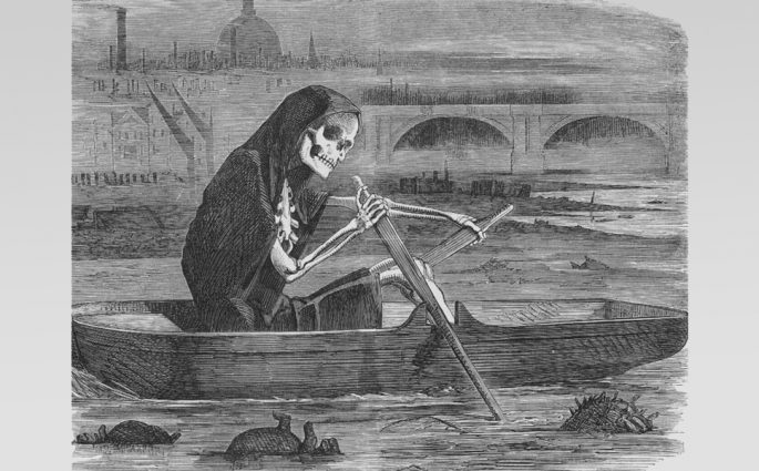 Death rowing down Thames river in illustration from Punch Magazine, 1858